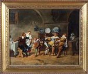 Tavern Interior With A Lutenist Entertaining Three Men And A Serving-girl by Guido Reni