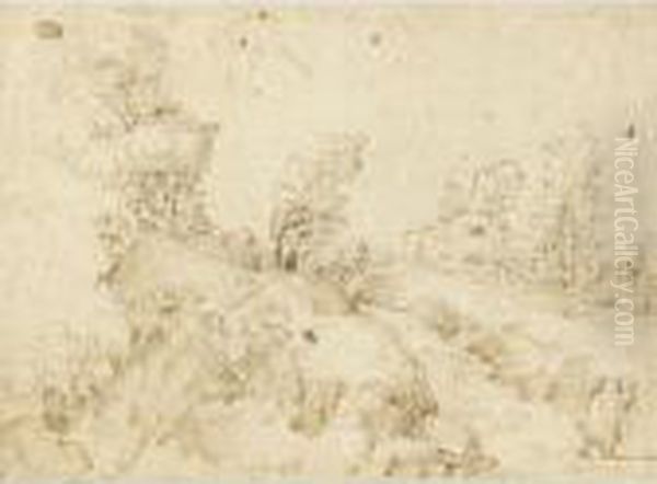 A Hilly Landscape With Travellers On A Road - view 1