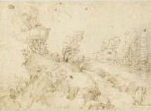 A Hilly Landscape With Travellers On A Road by Guido Reni