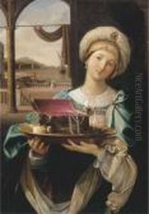 A Lady Holding A Silver Plate With A Jewellery Box, A Harbour Inthe Distance
