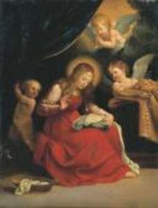 The Virgin Sewing, Accompanied By Two Angels And A Putto by Guido Reni