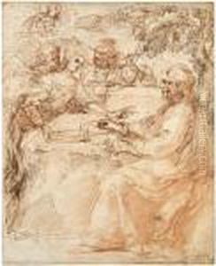 Christ In The Desert Receiving Food From Three Angels by Guido Reni