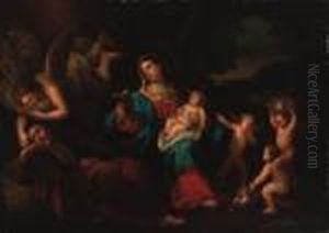 The Holy Family With An Angel And Putti In A Landscape by Guido Reni