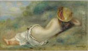 Baigneuse Allongee De Dos Avec Un Chapeau De Paille