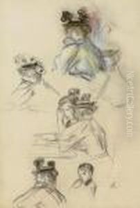 Feuille D'etudes, Couple Assis, Femme Au Chapeau Et Petit Garcon