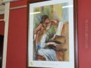 -children At The Piano - Coloured Print by Pierre Auguste Renoir