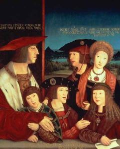 Maximilian I 1459-1519 with his first wife Mary of Burgundy 1457-82 between them their son Philip I Spain and King of Castile the Fair 1478-1506, his sons Charles V 1500-58, Ferdinand I 1503-64, with Ludwig II of Hungary