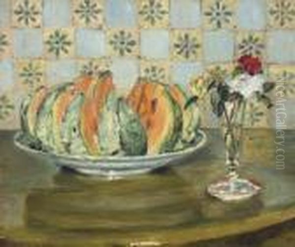 Nature Morte Au Melon Et Au Vase De Fleurs - view 1