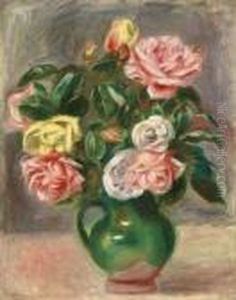 Bouquet De Roses Dans Un Vase Vert by Pierre Auguste Renoir