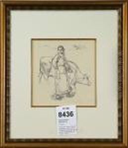 "femme A La Vache" Ur "la Vie Et
 L'oeuvres De P.a. Renoir" 1918, Stampelsignerad, Litografi. 16,5x16 by Pierre Auguste Renoir