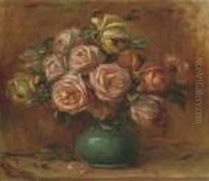 Bouquet De Roses Dans Un Vase Vert by Pierre Auguste Renoir