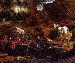 Figures With A Cart And Horses Fording A Stream by Jan Siberechts