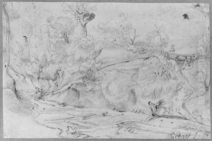 A Road in a hilly wooded Landscape, a traveller on a bridge on the right by Jan Siberechts