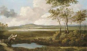 A view in the Thames Valley with a figure by a pond in the foreground