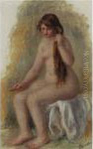 Femme Nue Assise Se Coiffant