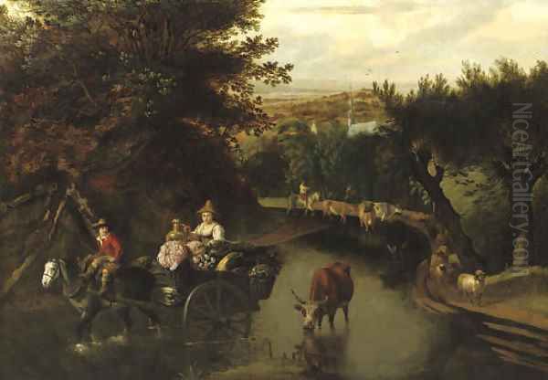 A wooded landscape with peasants in a horse-drawn cart travelling down a flooded road - view 1