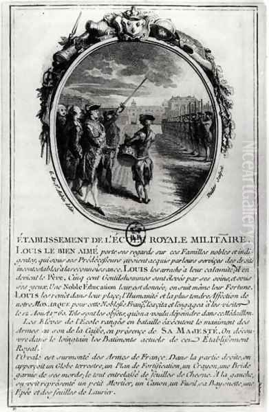 Louis XV 1710-74 Visiting the Ecole Militaire in Paris, 12nd August 1760, engraved by Antoine Duclos 1742-97 - view 1