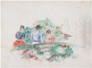 Trois Personnages Assis, De Dos, Dans Un Paysage Vallonne, Et Croquis Sur La Droite
