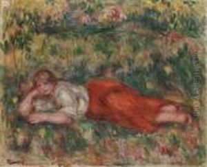 Femme En Rouge Et Blanc Couchee Dans L'herbe by Pierre Auguste Renoir