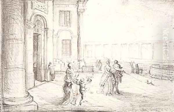 Elegant figures leaving the Colisee, Paris - view 1