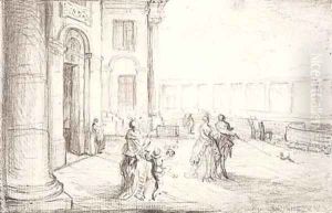 Elegant figures leaving the Colisee, Paris by Gabriel De Saint Aubin