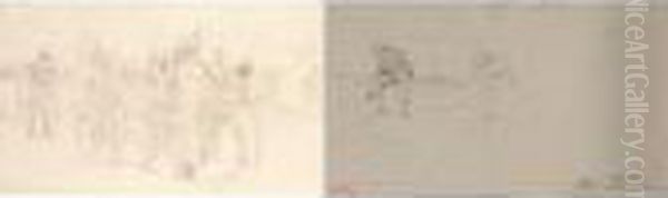 Two Pencil Drawings: Vagrants Resting And Enemy Capture - view 1