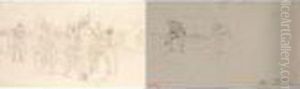 Two Pencil Drawings: Vagrants Resting And Enemy Capture Two Pencil Drawings: Vagrants Resting And Enemy Capture