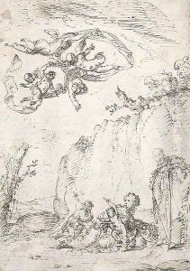 The Holy Family with the Infant Baptist, putti with banners above by Bernardo Strozzi