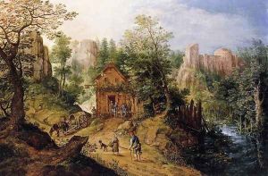 Mountain Valley with Inn and Castle 1593 by Pieter Stevens
