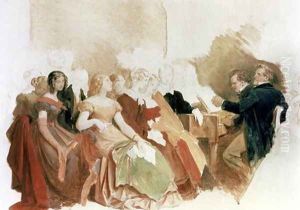 Study for An Evening at Baron von Spaun's: Schubert at the piano among his friends, including the operatic baritone Heinrich Vogl 1845-1900 by Moritz Ludwig von Schwind