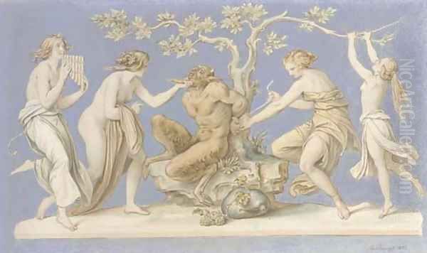 Four nymphs tying Pan to a tree - view 1