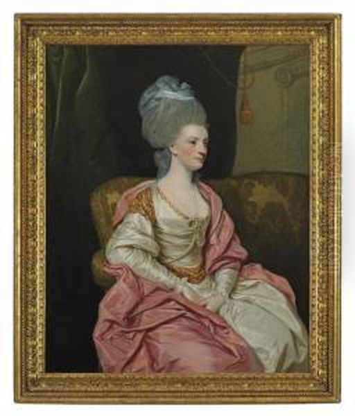 Portrait Of Mrs. Thomas Edwards 
Freeman (1758-1782), Three-quarter-length, In A White Satin Gown With A 
Pink Wrap, Seated On A Sofa In An Interior - view 1