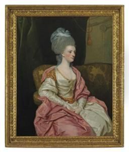 Portrait Of Mrs. Thomas Edwards
Freeman (1758-1782), Three-quarter-length, In A White Satin Gown With A
Pink Wrap, Seated On A Sofa In An Interior by Sir Joshua Reynolds