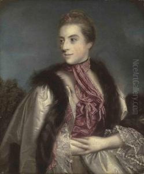 Portrait Of Elizabeth Drax,
Countess Of Berkeley ,half-length, In A Fur-lined Gown And A Pink Scarf,
A Flower In Herhair, A Landscape Beyond - view 1