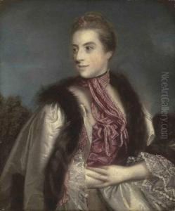Portrait Of Elizabeth Drax,
Countess Of Berkeley ,half-length, In A Fur-lined Gown And A Pink Scarf,
A Flower In Herhair, A Landscape Beyond by Sir Joshua Reynolds