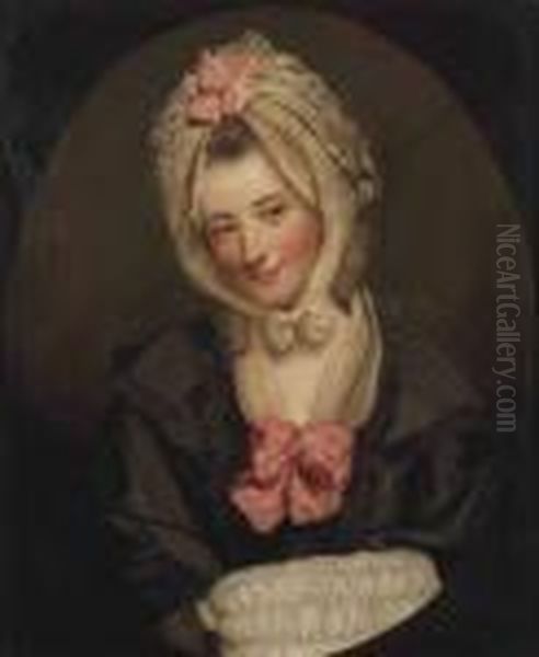 Portrait Of Catherine
Schindlerin, Bust-length, In A Black Coat Andwhite Neck And Head Scarf
With Pink Bows, Holding A Muff - view 1