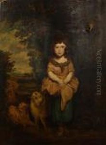 A Little Girl With Lambs In A Woodedlandscape by Sir Joshua Reynolds