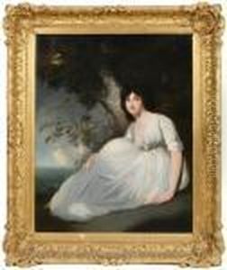 Portrait Of A Lady In White Satin Dress, Seated Under A Tree by Sir Joshua Reynolds