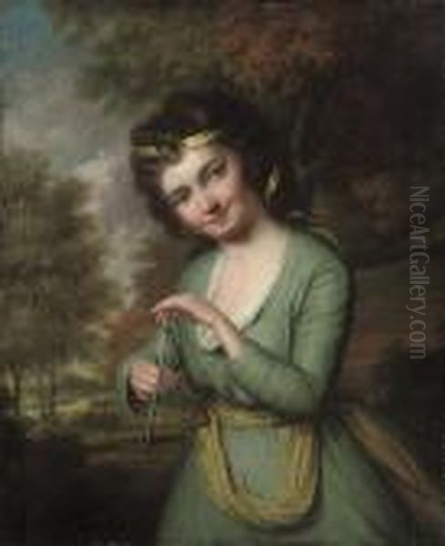 Portrait Of A Young Girl,
Three-quarter-length, In A Blue Dress And Yellow Sash, Playing The
Triangle, In A Landscape - view 1