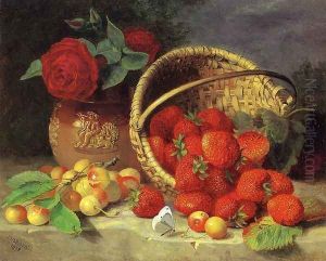 A Basket of Strawberries, Cherries, a Butterfly and Red Roses in a Vase on a Stone Ledge by Eloise Harriet Stannard