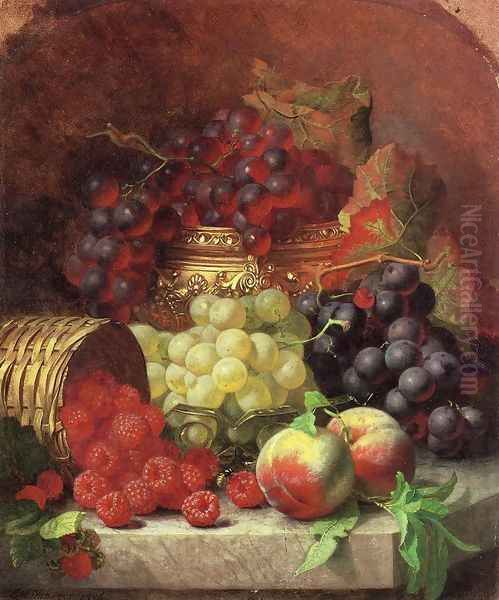 Black Grapes in a Gilt Bowl, Black and White Grapes in a Crystal Bowl, Peaches,Raspberries in a Wicker Basket and a Wasp on a Marble Ledge - view 1