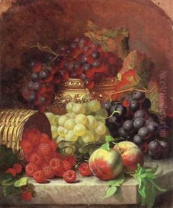 Black Grapes in a Gilt Bowl, Black and White Grapes in a Crystal Bowl, Peaches,Raspberries in a Wicker Basket and a Wasp on a Marble Ledge by Eloise Harriet Stannard