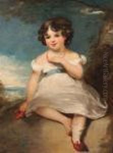 Portrait Of A Young Girl Wearing Red Shoes Seated By A Tree Stump by Sir Joshua Reynolds