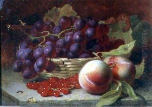 A still life of red currants, peaches and grapes in a basket by Eloise Harriet Stannard