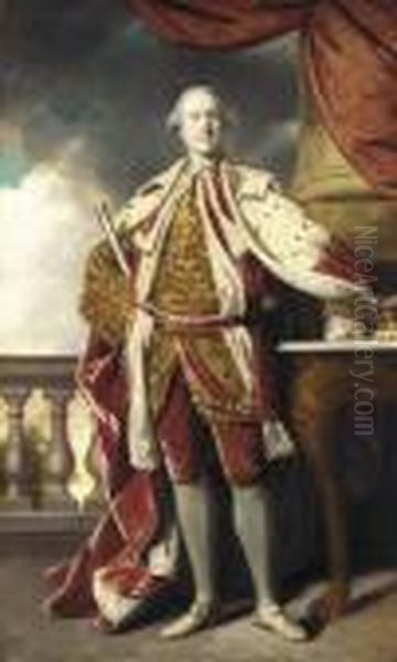 Portrait Of James Hay
(1726-1778), 15th Earl Of Erroll, Full-length, In Coronation Robes,
Holding The Baton Of The Lord High Constable Of Scotland, A Tree And A
Balustrade Beyond - view 1