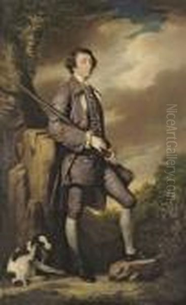 Portrait Of Philip Gell 
(1723-1795), Full-length, In A Purple Embroidered French Frock Suit, 
Holding A Gun, A Spaniel At His Feet, In A Landscape - view 1