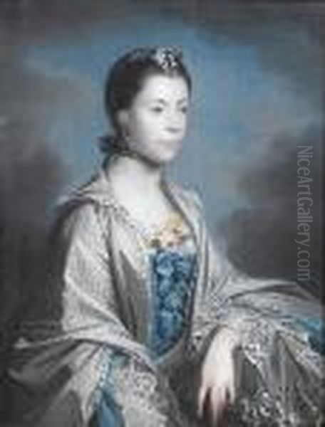 Portrait Of Frances Clopton (mrs
John Partheriche), Half Length, In A Blue Silk Dress Trimmed With Lace
And A White Shawl, With Flowers In Her Bosom And Hair; And Portrait Of
John Partheriche Of Alderminster, Half Length, In A Brown Velvet Coat
Wi - view 1