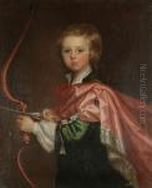 A Portrait Of A Young Boy, 
Three-quarter-length, In A Green Coat With A Salmon-pink Wrap, Holding A
 Bow And Arrow - view 1