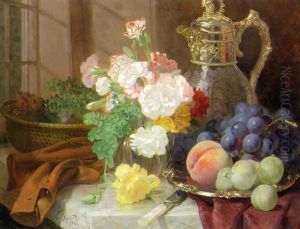 Carnations in a glass vase on a draped marble ledge by Eloise Harriet Stannard