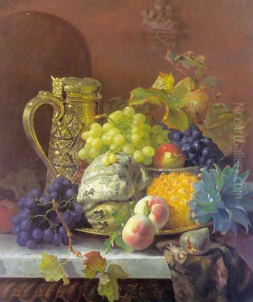 Fruits on a tray with a silver flagon on a marble ledge - view 1